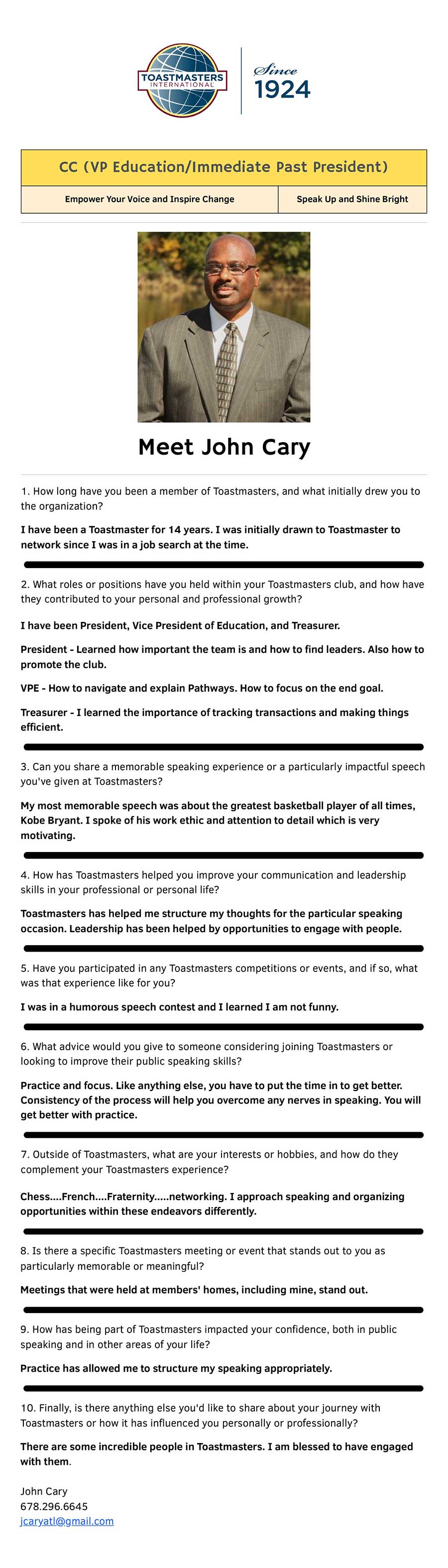 John’s Toastmasters questionnaire